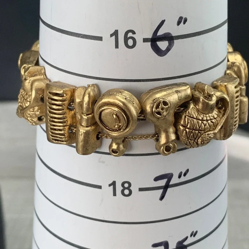Vintage Gold Tone Beauty Salon Charm Bracelet Hair Dryer Comb Lipstick 6.5